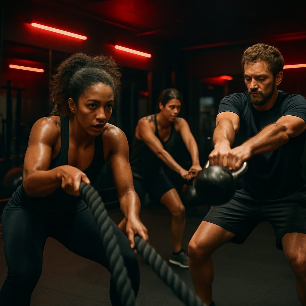 Small group training session with battle ropes and kettlebells