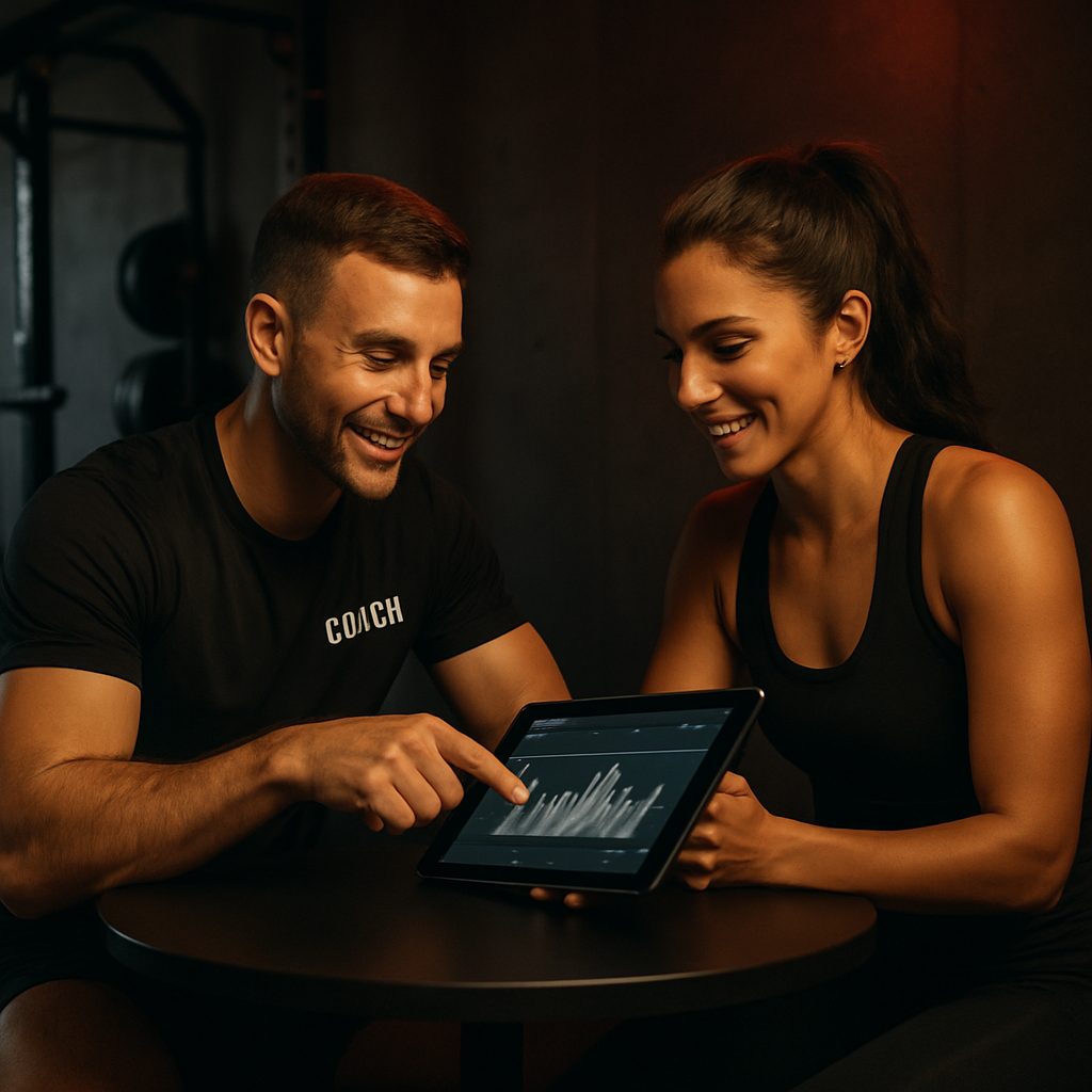 A coach reviewing progress numbers with a member